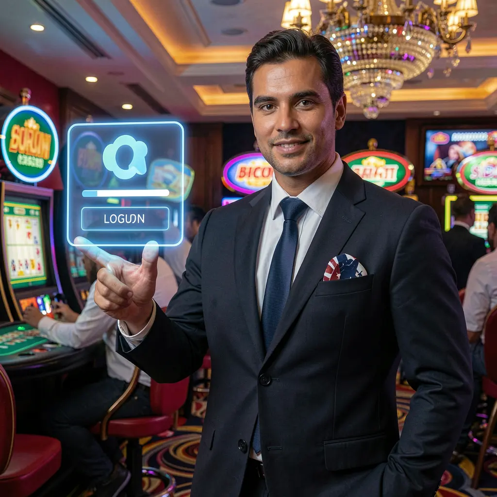 Stylish Brazilian live casino presenter pointing toward a floating holographic login button in a dynamic KA678 casino scene